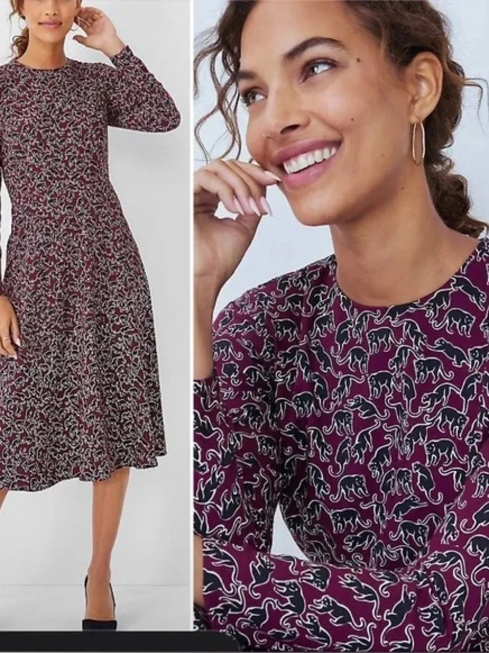 Ann Taylor Burgundy and Black Long-Sleeve Printed A-Line Dress size 14 - Picture 1 of 7